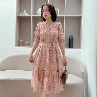 Đầm Đi Tiệc NHẬT VY Suông Chấm Bi Cổ Tròn Phối Đuôi Cá Tay Thắt Nơ Có Dây Cột Eo Màu Nude, Kem - D2354