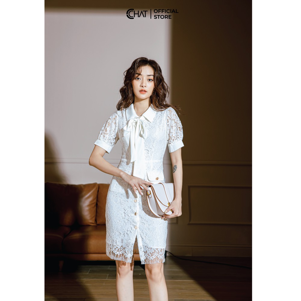 CCHAT Váy ren tay cộc nơ cổ | BigBuy360 - bigbuy360.vn