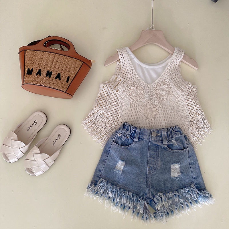 Hàng Mới Về Mới Set Áo Thun Ba Lỗ + Quần Short Denim Ống Rộng Thời Trang Mùa Hè Cho Bé Gái