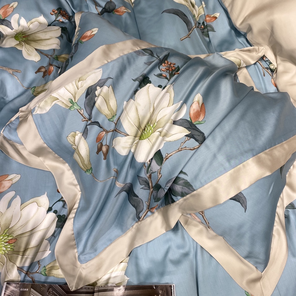 Bộ chăn ga gối cao cấp 100%Tencel 100s, họa tiết Hoa Nhài tây, biểu tượng cho cái đẹp, tình yêu, chất liệu siêu mềm mịn