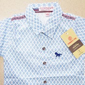 Áo sơ mi xanh sọc caro thêu logo bé trai