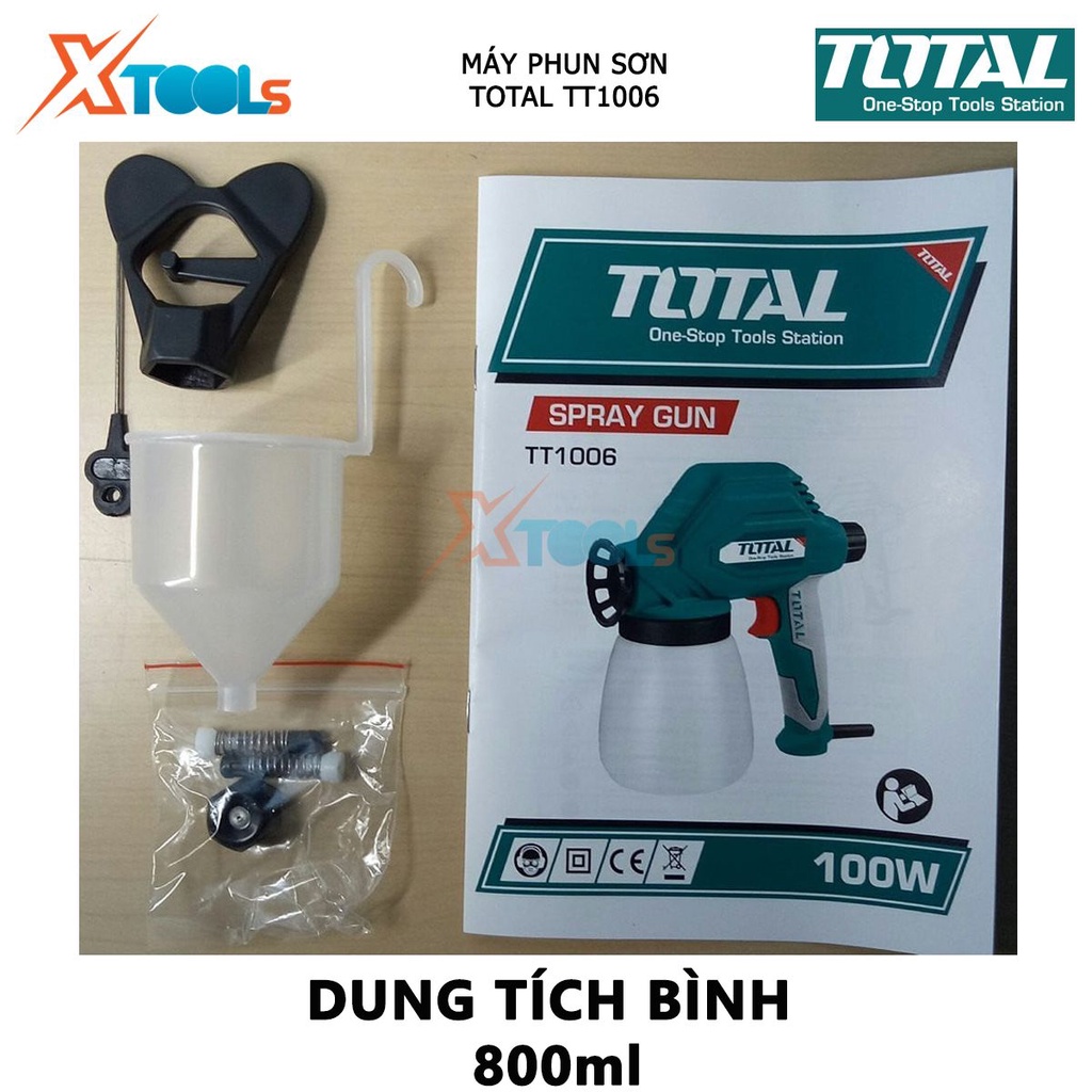 Máy phun sơn TOTAL TT1006 súng phun sơn có điện thế 220-240V~50/60Hz, Nguồn vào: 100W, 280ml / phút, 800ml, 0.6 / 0.8mm
