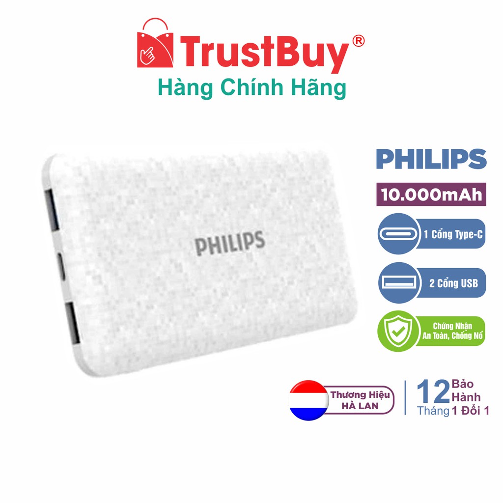 Pin Sạc Dự Phòng 10.000mAh PHILIPS TWINKLE 2 Cổng USB, Type-C 12W - White - DLP6715NW/11 - Hàng Chính Hãng