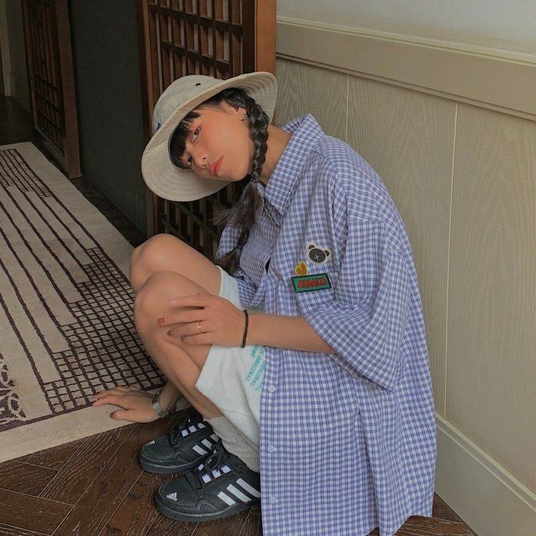 Áo sơ mi tay ngắn kẻ sọc vuông thêu họa tiết gấu đáng yêu thời trang dành cho nữ