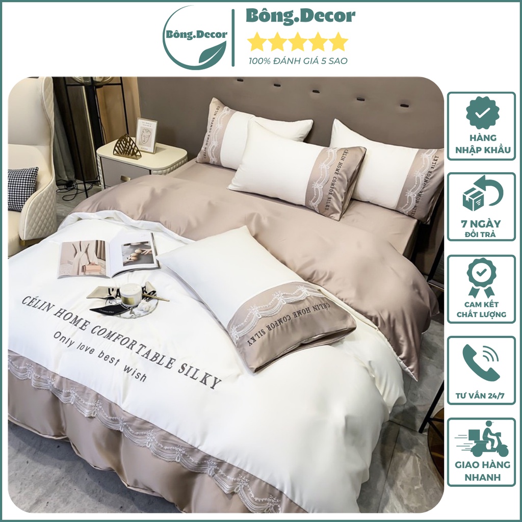 Bộ chăn ga gối phi Lụa Célin phối ren xinh xắn cao cấp, ga giường và vỏ gối phi lụa sang trọng chất lụa mềm mịn mát lạnh