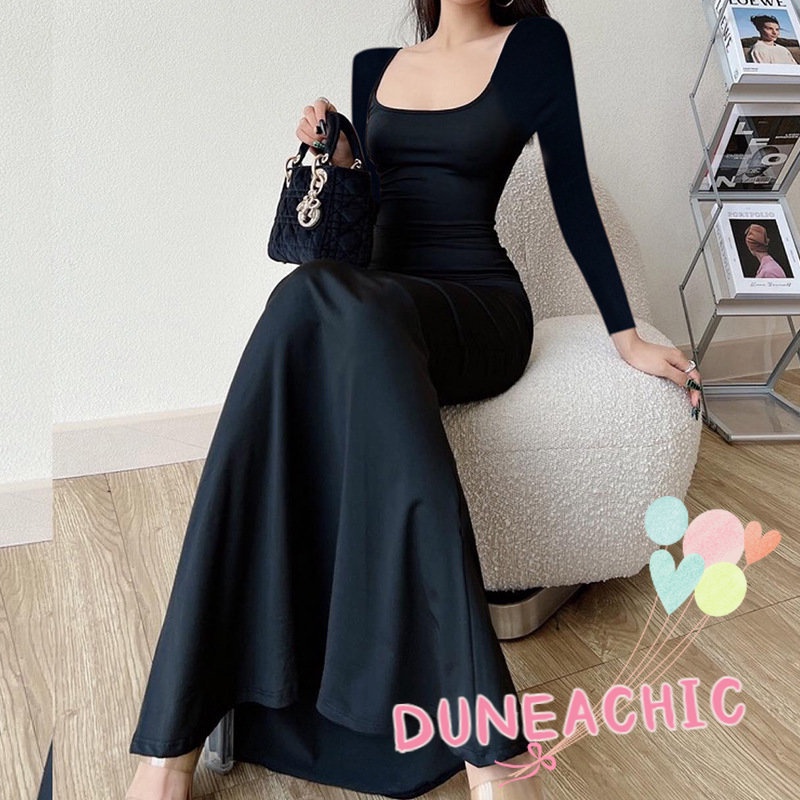 DUNEA Đầm maxi tay dài cổ vuông ôm dáng quyến rũ thời trang cho nữ