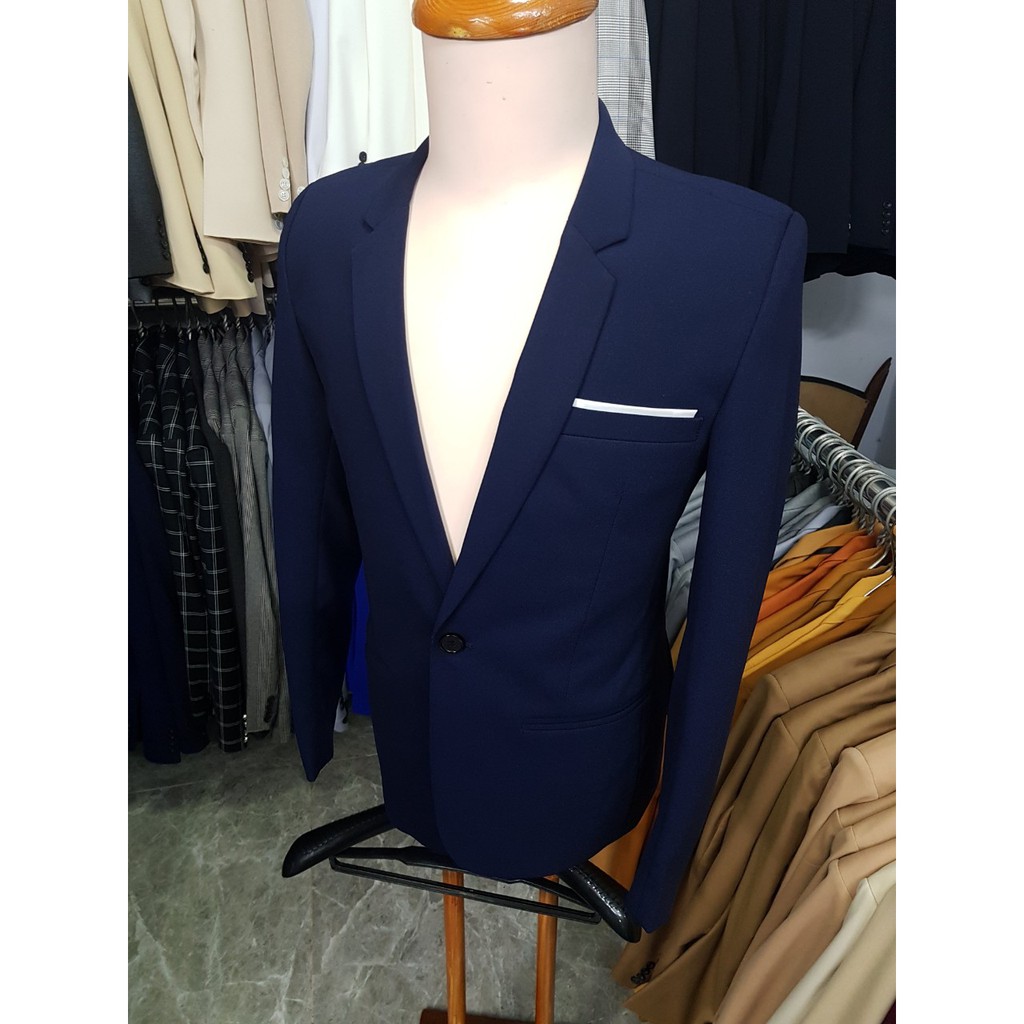 Bộ vest nam màu xanh đen sáng form ôm body chất vải dày mịn co giãn (áo vest+quần+cà vạt+nơ)