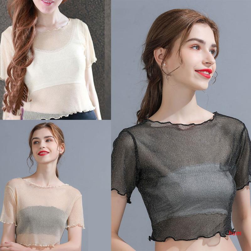 Áo Ống Vải Lưới Tay Ngắn Lấp Lánh Thời Trang Mùa Hè Cho Nữ Áo Croptop Chạy Viền