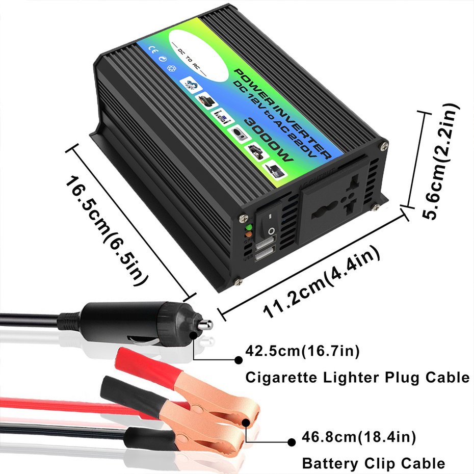 Bộ chuyển đổi nguồn điện 3000W 12V sang 220V/110V USB kép 12-04 cho xe hơi