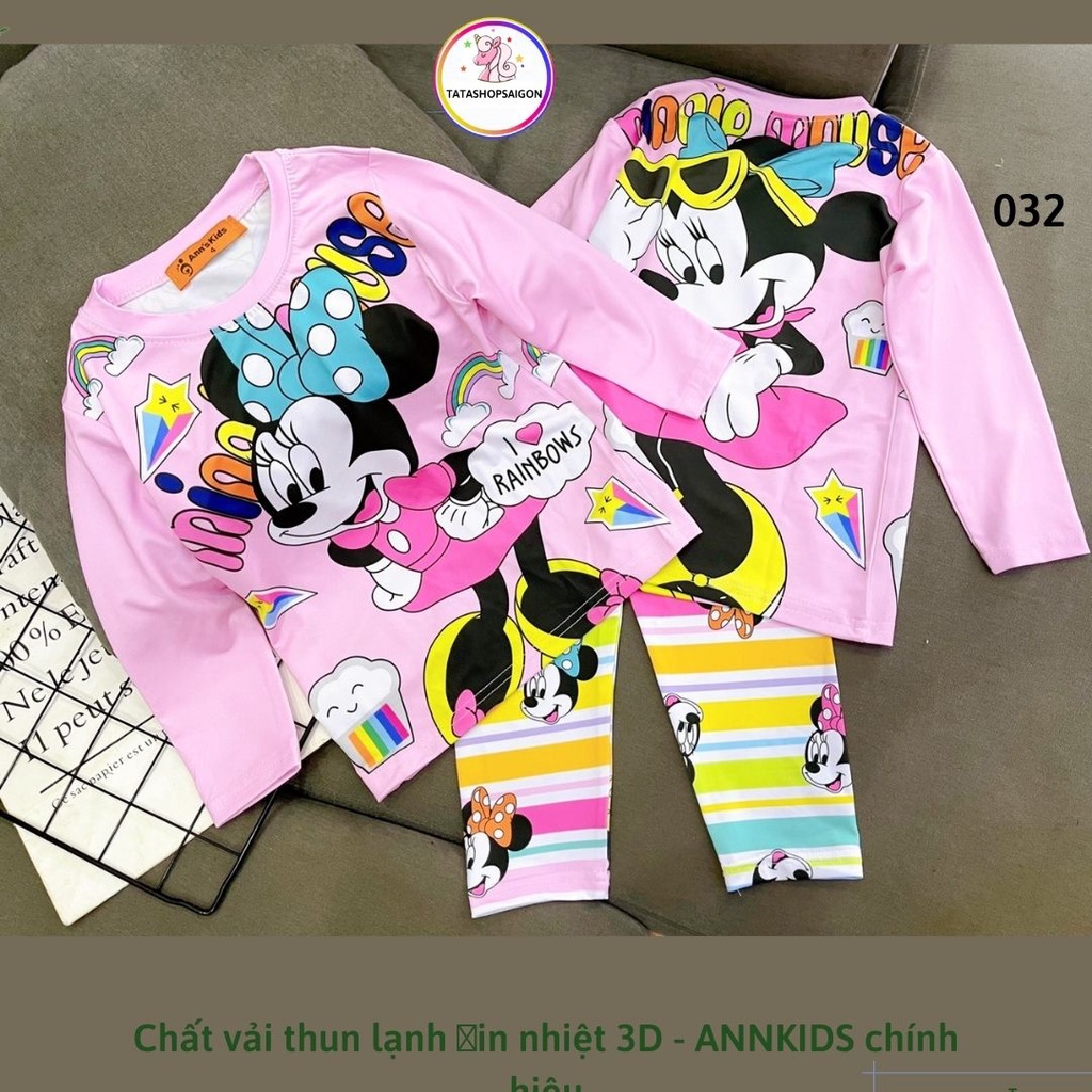 Đồ ngủ bé gái dài tay chất thun lạnh in 3D pony mickey kitty size đại 22 đến 40kg