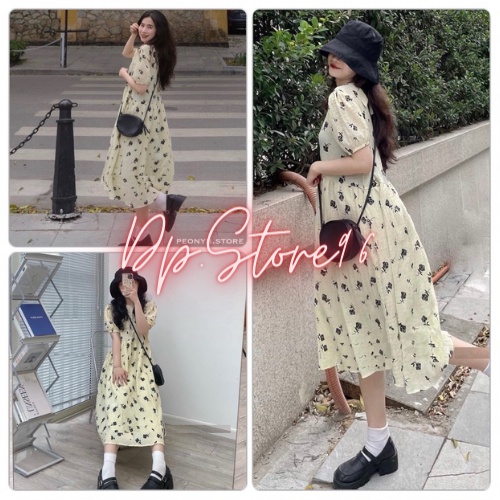 Váy Be Hoa Đen Phối Tay Chun Nữ 🌸FREESHIP🌸Đầm đi biển dáng suông dài bánh bèo tiểu thư hàn quốc Ulzzang 🌸