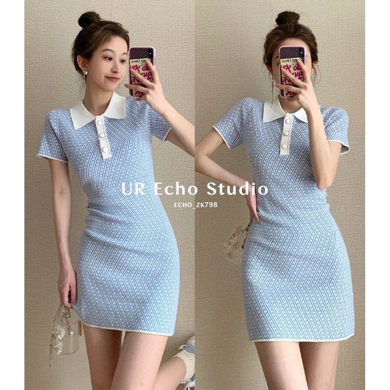 Đầm Dệt Kim Tay Ngắn Cổ Polo Dáng Ôm In Hoa Thời Trang Mùa Hè Retro Cho Nữ