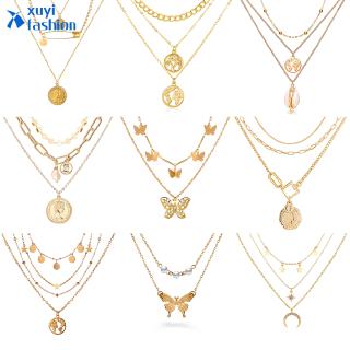Cá Tính Thời Trang Bướm Nhiều Lớp Mặt Dây Chuyền Dây Chuyền Nữ Mặt Trăng Vàng Choker Phụ Kiện Trang Sức