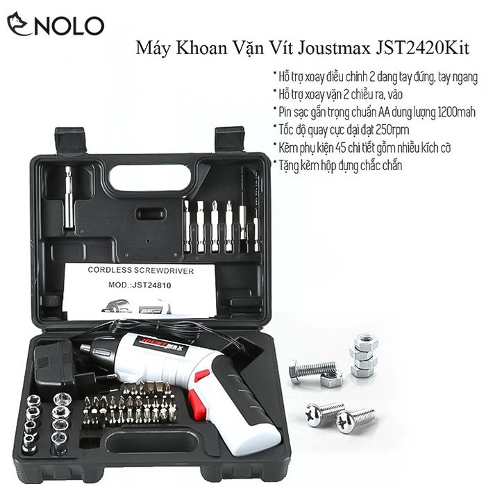 Máy Khoan 45in1 Mini Pin Sạc Joustmax Model JST2420Kit Dùng Cho Tháo Lắp Ốc Vít Vặn Siết Bu Lông Tốc Độ Quay 250rpm