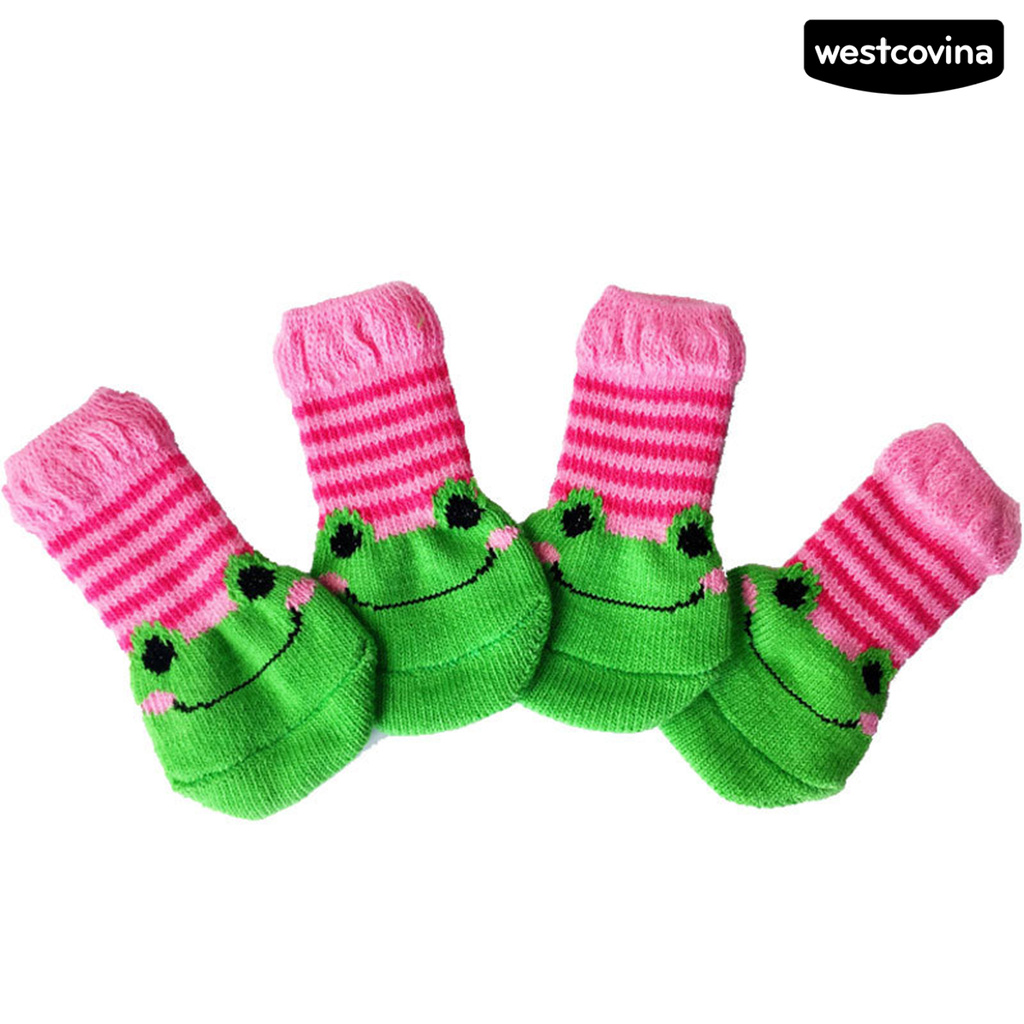 Bộ 4 Đôi Vớ Cotton Giữ Ấm Chống Trượt In Họa Tiết Hoạt Hình Cho Thú Cưng