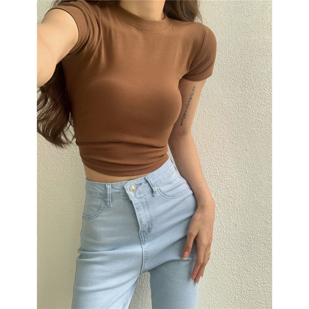 Áo Thun Tay Ngắn Màu Sắc Cổ Điển Thời Trang Hàn Quốc Cho Nữ