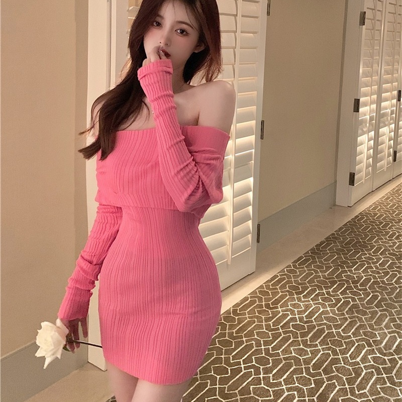 Đầm dệt kim ZHELIHANGFEI trễ vai tay dài dáng ngắn thời trang quyến rũ thời trang cho nữ