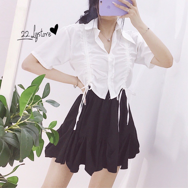 SET áo crop sơ mi rút eo + chân váy quần - 22.Lystore