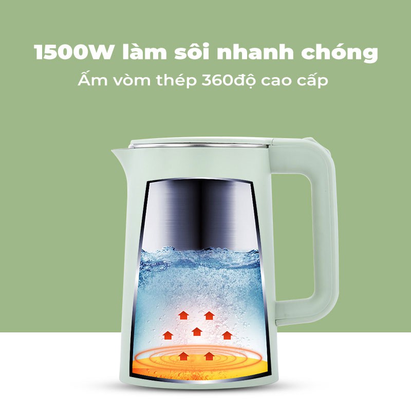 Ấm siêu tốc giữ nhiệt - Ấm đun nước Inox 304 đa năng dung tích 2.3 Lít công suất 1500W bảo hành 6 tháng