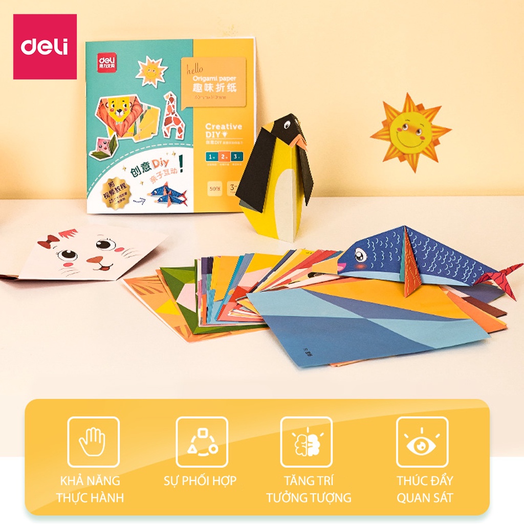 Bộ 50/100 tờ giấy thủ công origami Deli - In sẵn họa tiết kèm sách hướng dẫn, rèn luyện sự khéo léo cho bé - 74817/74818