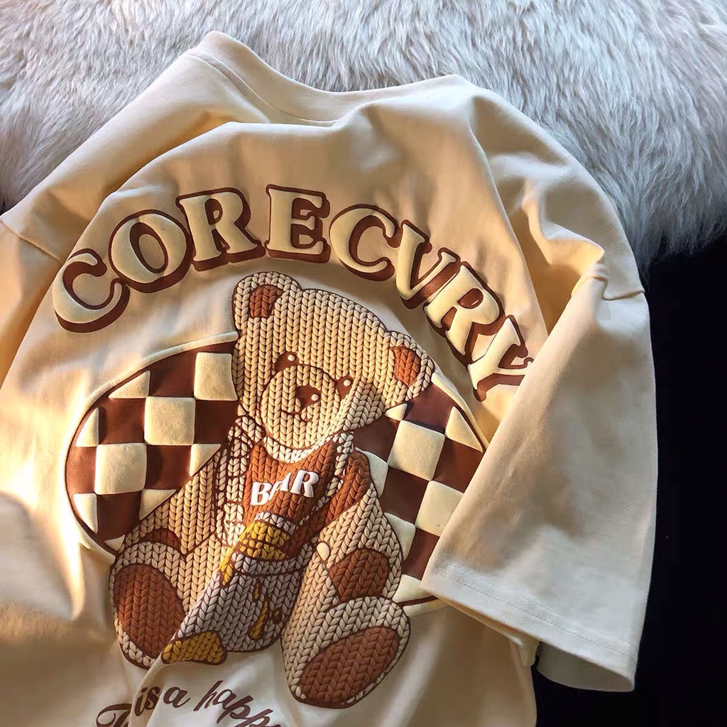 Áo phông nam nữ form rộng 2N Unisex thun cotton in hình Gâu đan len trắng/hồng/be