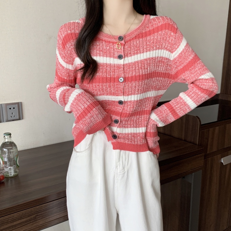 ZHELIHANGFEI Áo Cardigan Dệt Kim Tay Dài Lưng Cao Kẻ Sọc Dễ Phối Đồ