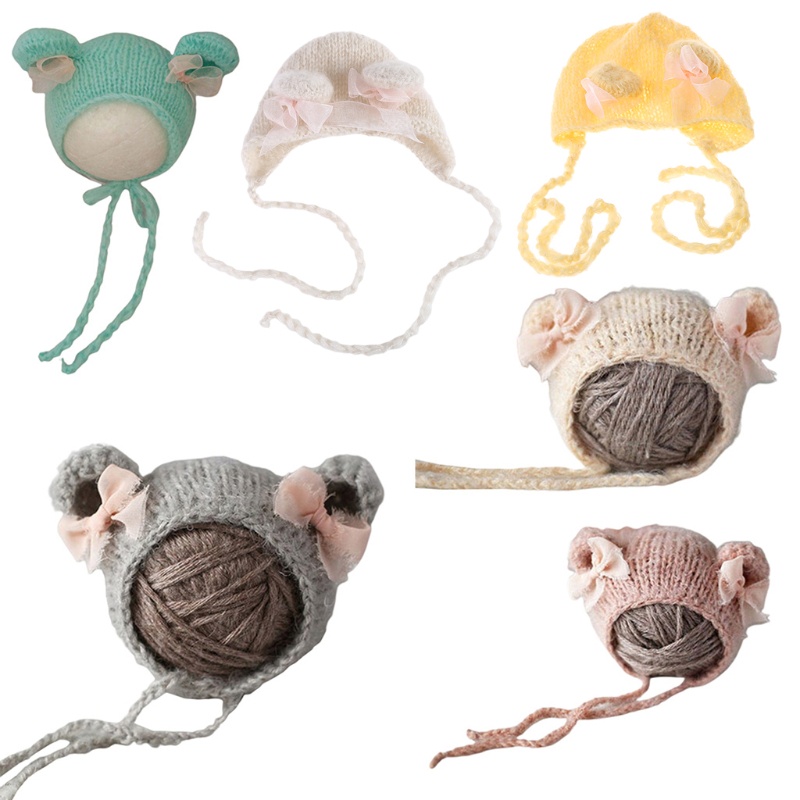 Mũ Beanie Đan Len Đính Nơ Dễ Thương Dùng Làm Phụ Kiện Chụp Ảnh Cho Bé Sơ Sinh