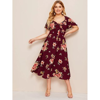 Đầm Plus Size Thắt nơ trước Hoa Burgundy Boho