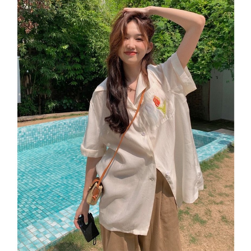 Áo Sơ Mi Tay Ngắn Dáng Rộng Cổ Chữ v In Hình Hoa tulip Kiểu Hồng Kông Thời Trang Mùa Hè Cho Nữ