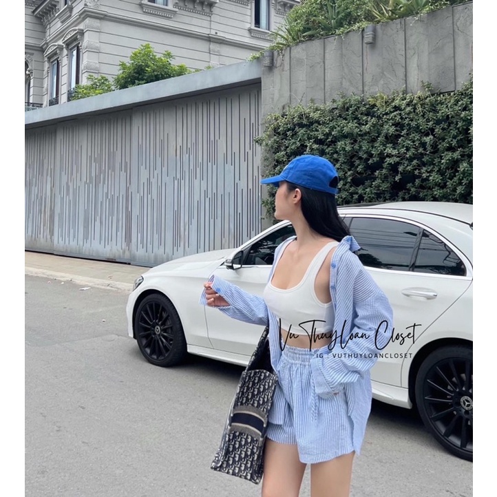 Set 3 món áo sơ mi khoác + bra coprop + quần sọc đi biển
