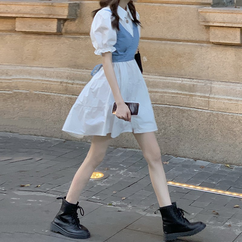 Set Trang Phục Retro Kiểu Pháp Váy Dài Tay Bồng + Yếm Ngắn Denim