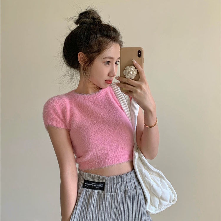 Áo Croptop Dệt Kim Tay Ngắn Vải Lông Cừu Mềm Mại Đáng Yêu Cho Nữ