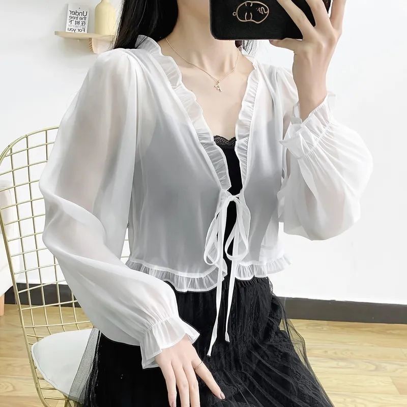 Áo Khoác Cardigan Ngắn Vải Chiffon Mặc Ngoài Dễ Phối Đồ Thời Trang Cho Nữ