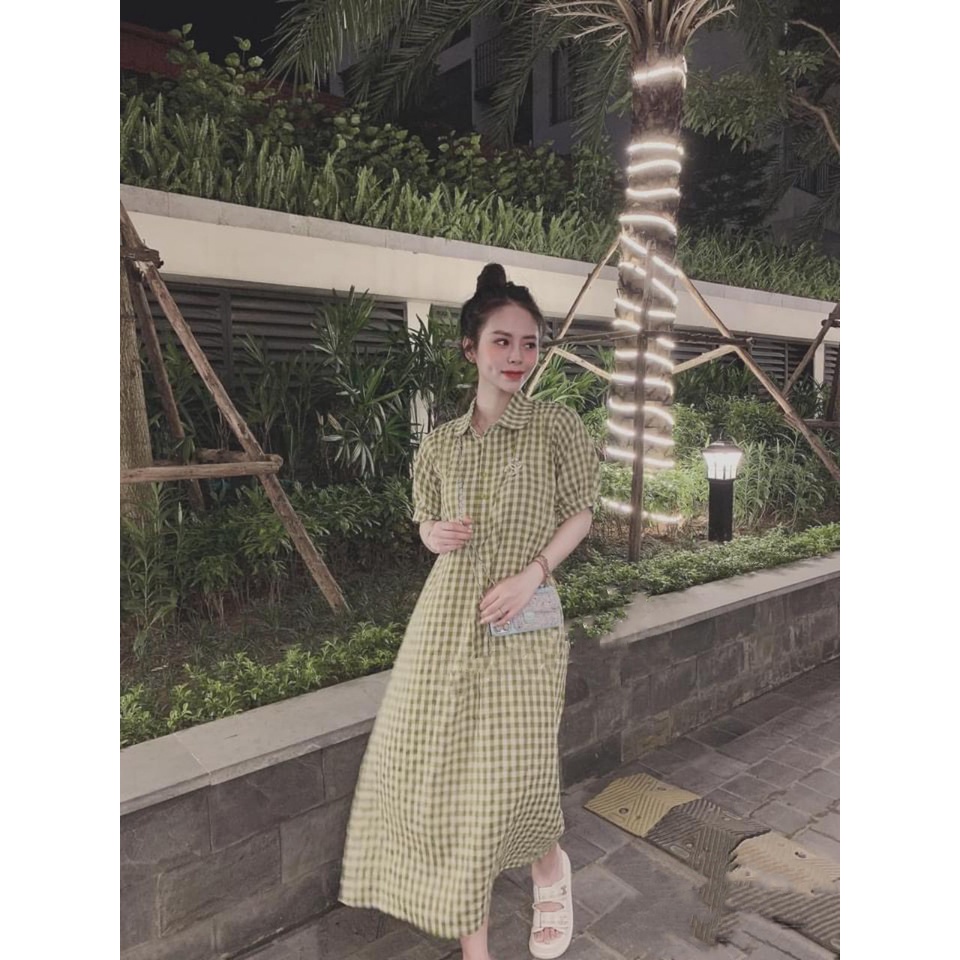 :Váy sơ mi basic kẻ caro hồng chất mịn mát bầu bí mặc thoải mái kèm ảnh thật trải sàn LOLLA _FASHION
