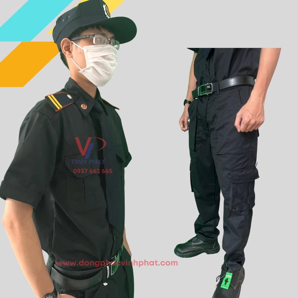 Trọn Bộ Đồng Phục Bảo Vệ, Vệ Sĩ Màu Đen Túi Hộp Tay Ngắn Đẹp Bao Gồm Phụ Kiện Nón, Cầu Vai, Ve Áo, Cà Vạt - Hình thật
