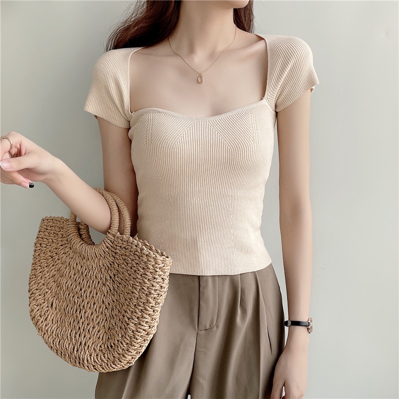 QADCOL Áo Dệt Kim Tay Ngắn Cổ Vuông Thời Trang Cho Nữ