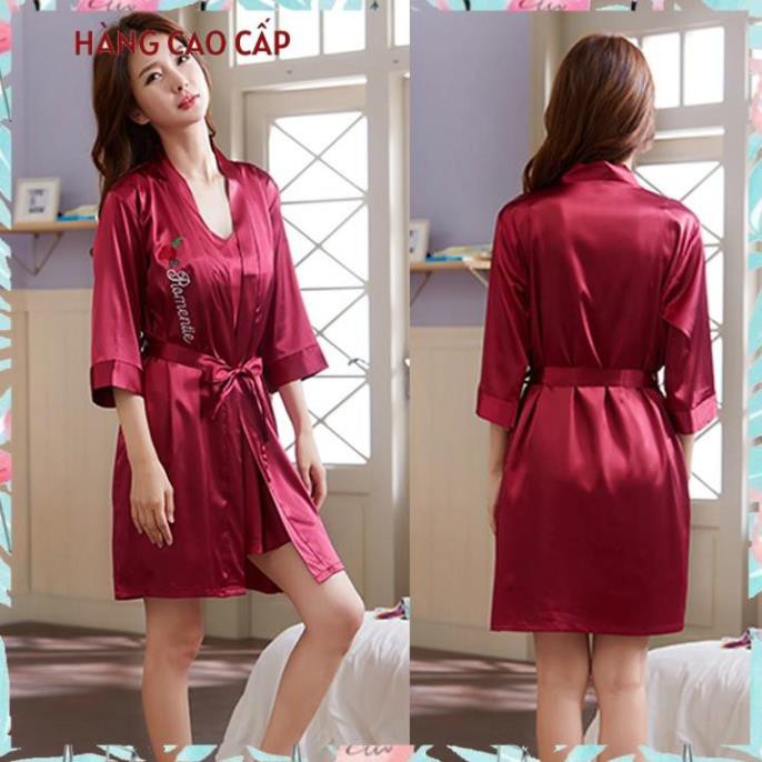 Áo choàng ngủ lụa in chữ romentic hoa hồng sang trọng Thư Thư [HÀNG CAO CẤP]
