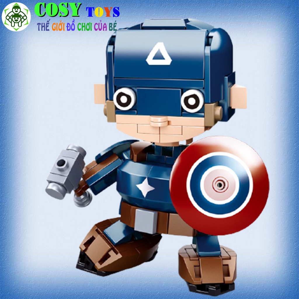 Lego xếp hình Captain American của phe Avenger với 201 mảnh ghép, mẫu lớn, khớp có cử động được và nhiều chi tiết cho bé