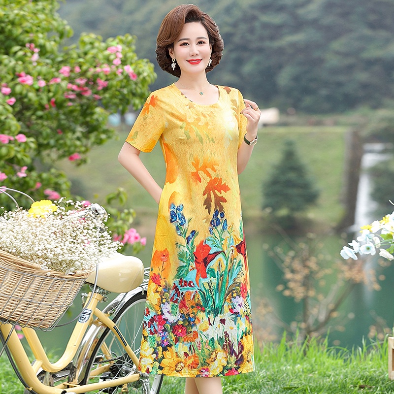 [Hàng Có Sẵn] Đầm Cotton Lanh Dáng Chữ A Tay Ngắn Cỡ Lớn Thời Trang Mùa Hè Cho Phụ Nữ Trung Niên 40-50 Tuổi