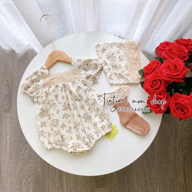 Set body chip thô hoa vintage ngực ren kèm mũ bèo xinh xắn cho bé gái 0-24M