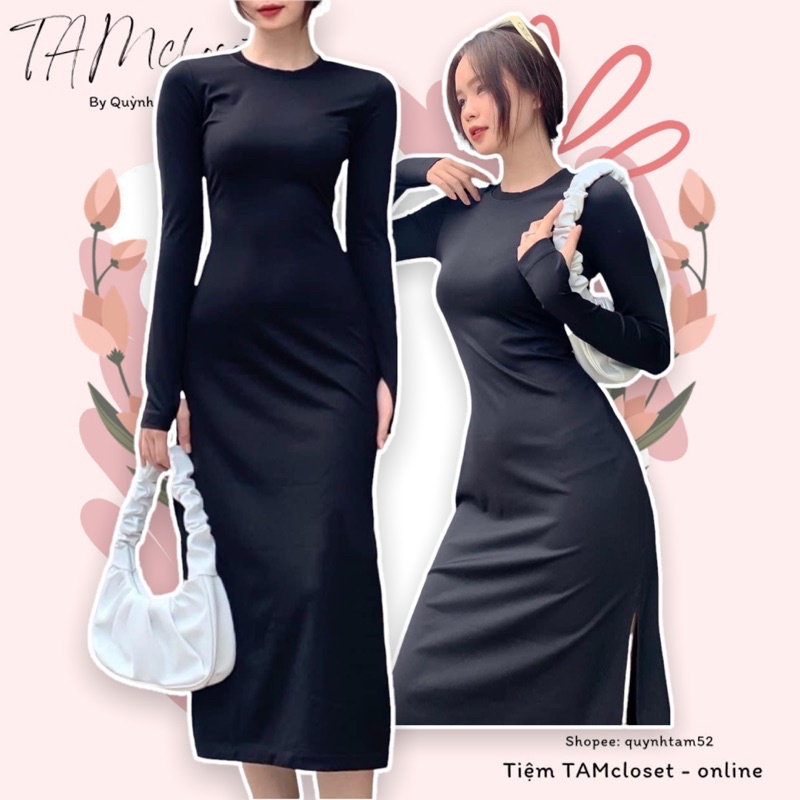 Đầm maxi body thun tay dài xẻ tà hai bên - TK116