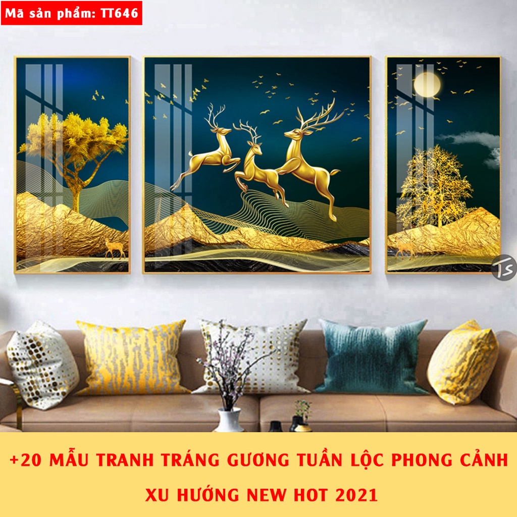 Bộ 3 tấm tranh tráng gương tuần lộc phong cảnh nghệ thuật cao cấp sang trọng Tường Xinh
