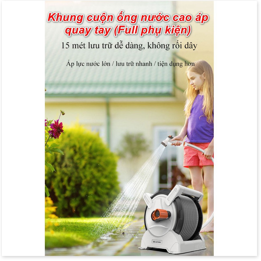 Khung cuộn ống nước cao áp quay tay 15 mét (Full phụ kiện) - cao cấp