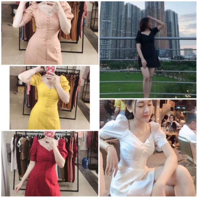 Đầm nút bọc tay phồng (có 5 màu, ảnh thật)