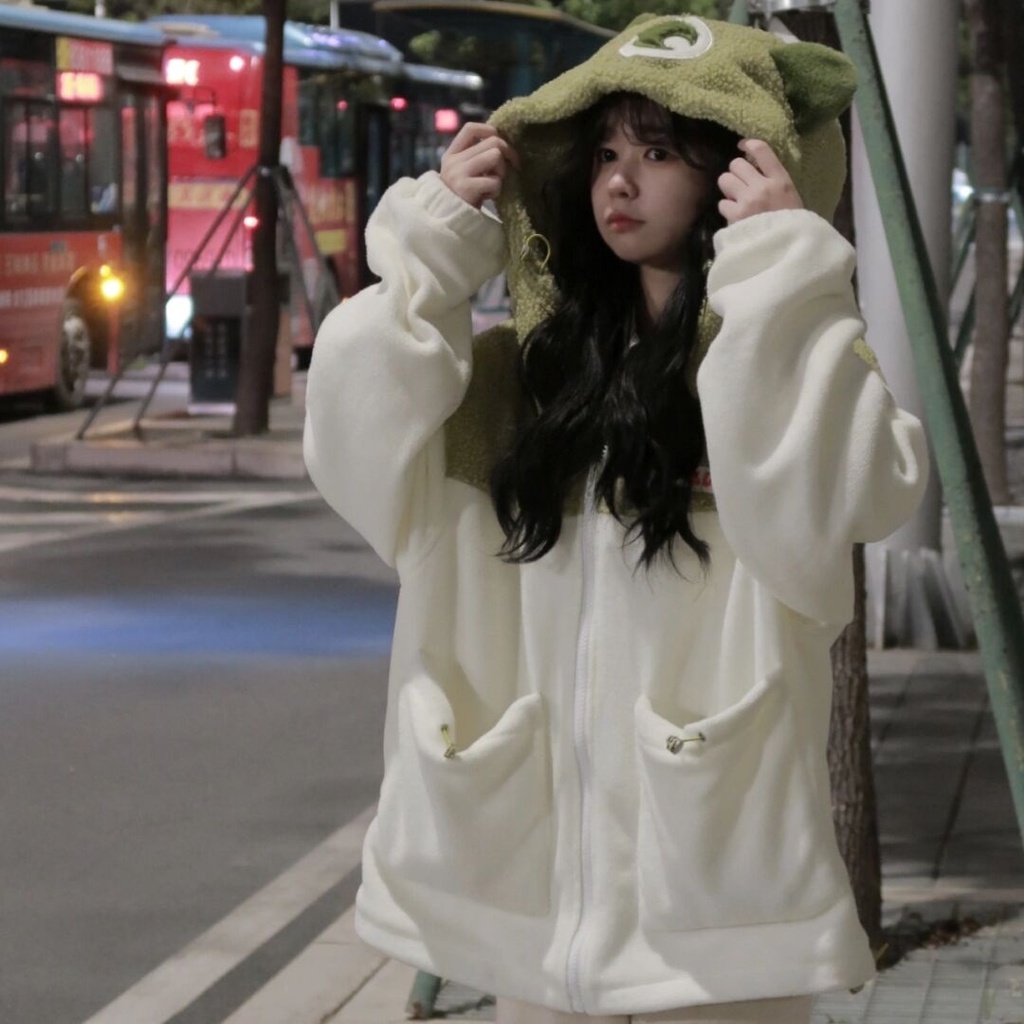 Áo Khoác Hoodie Giả Lông Cừu Dày Dặn Phối Màu Dễ Thương Thời Trang Thu Đông Hàn Quốc