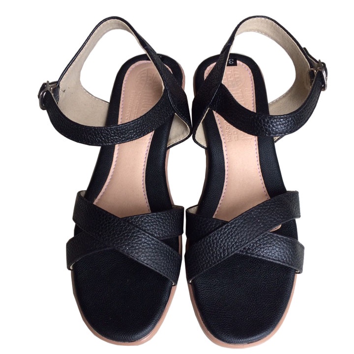 Sandal nữ da bò gót vuông 5cm Trường Hải màu vàng đế PU cao 5cm siêu nhẹ
