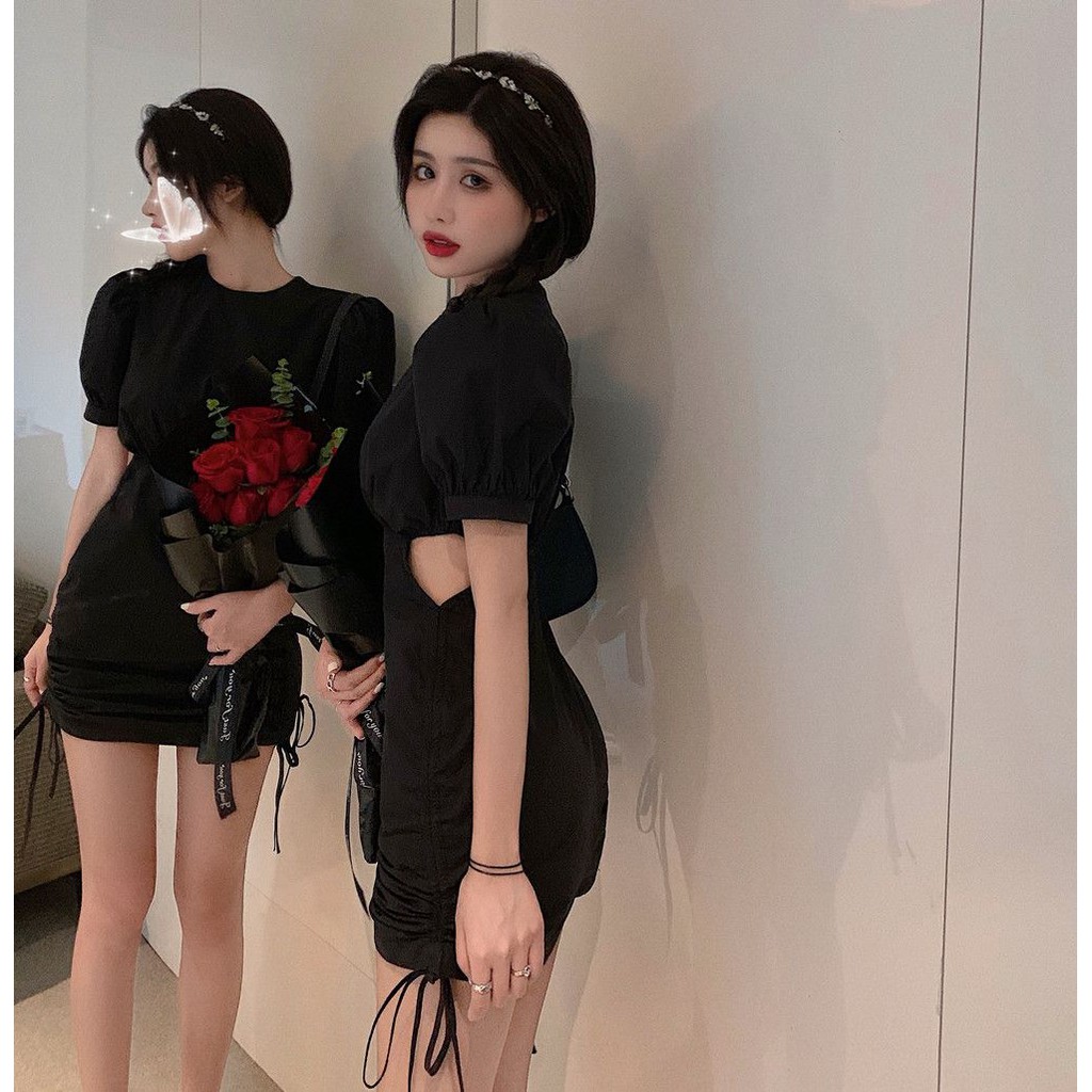 Váy nữ ôm sát trắng dây rút hông cổ tròn tay bồng khoét hai bên eo nữ tính gợi cảm