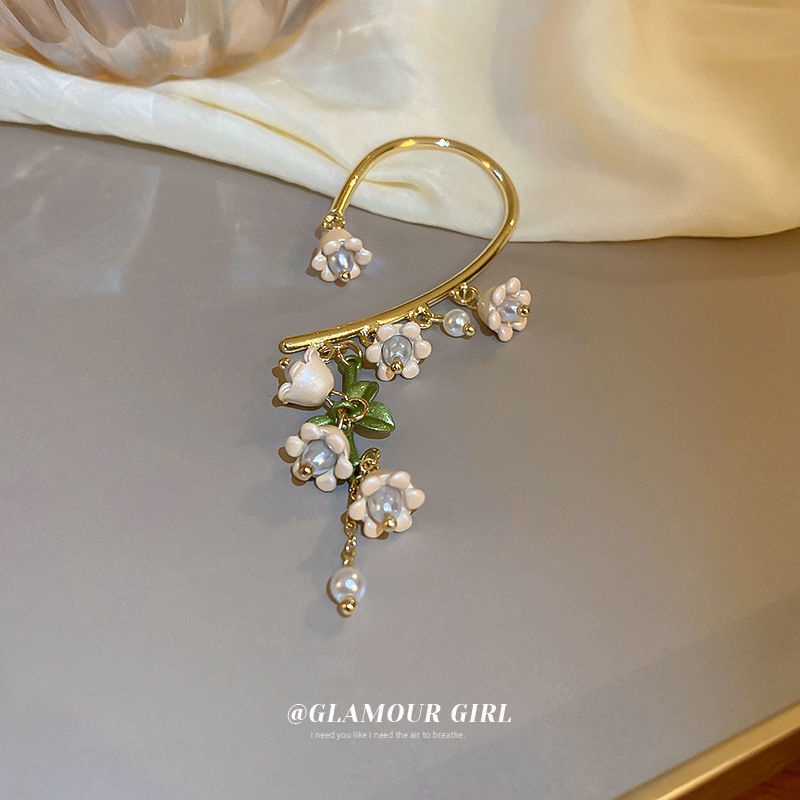 Khuyên Tai Dạng Móc Không Xỏ Lỗ Hình Hoa Lily Cổ Điển Phối Tua Rua Phong Cách Pháp Ngọt Ngào Tươi Mới