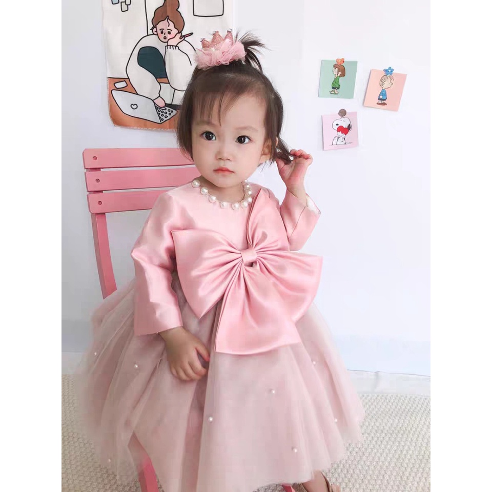 Váy công chúa bé gái mầu hồng gắn nơ to trước ngực hàng thiết kế cao cấp giá từ 305k