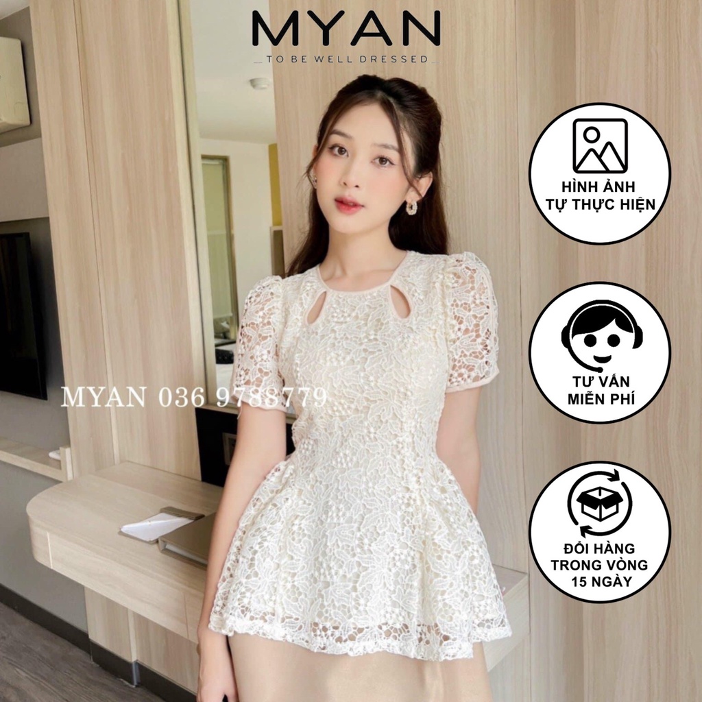 Áo Peplum Ren Cổ Tròn Thêu Hoa Cộc Tay Màu Be MYAN - Avn072209